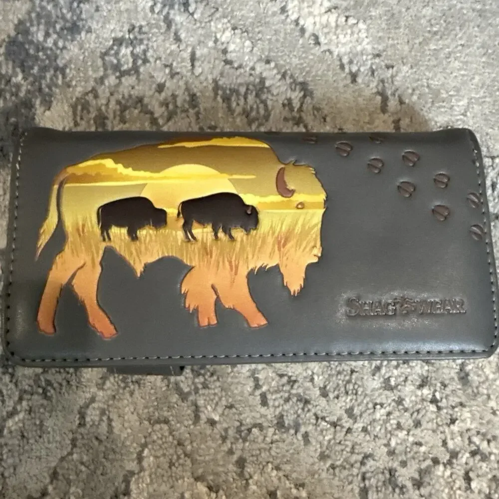 Shag Wear Womens Vegan Wallet Buffalo Animal Clutch Zipper Gray